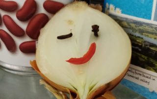 half an onion in fridge with face made of chilli and cloves